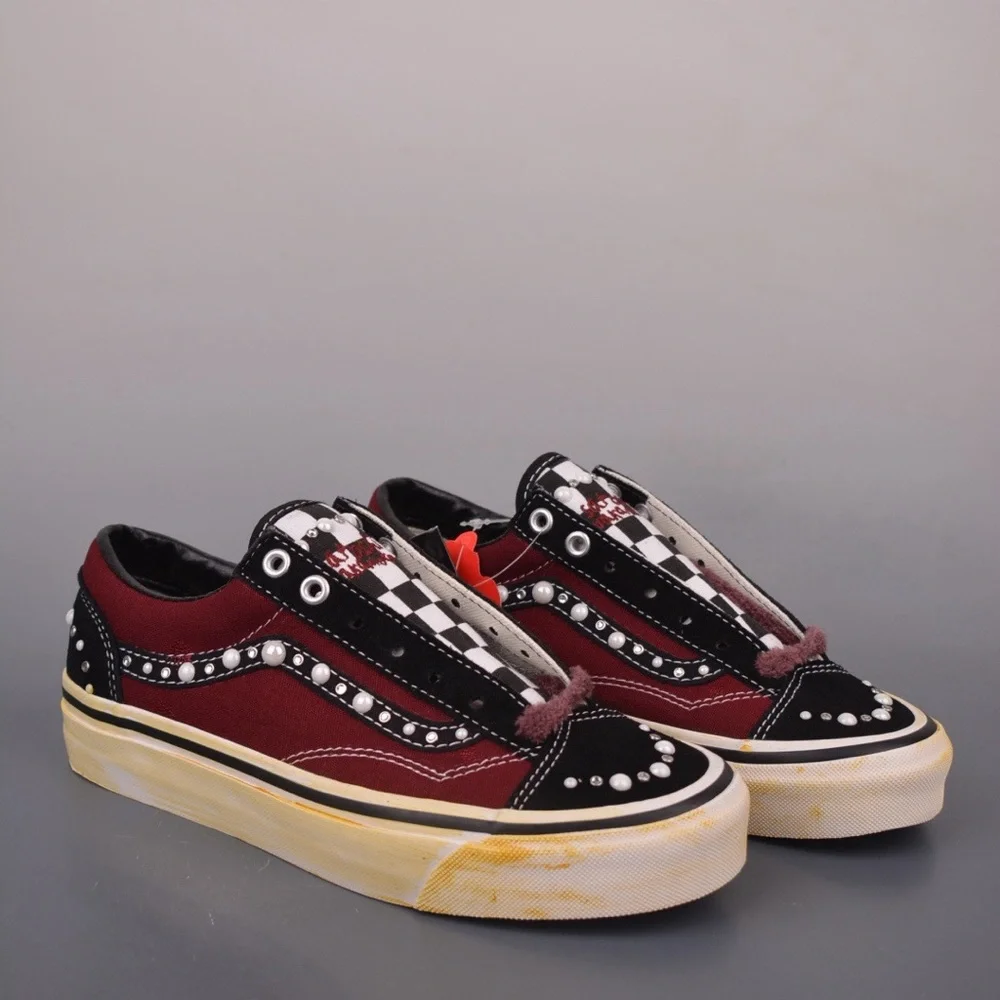 Vans Burgundy Black Checkerboard Studded Low-Top Sneakers